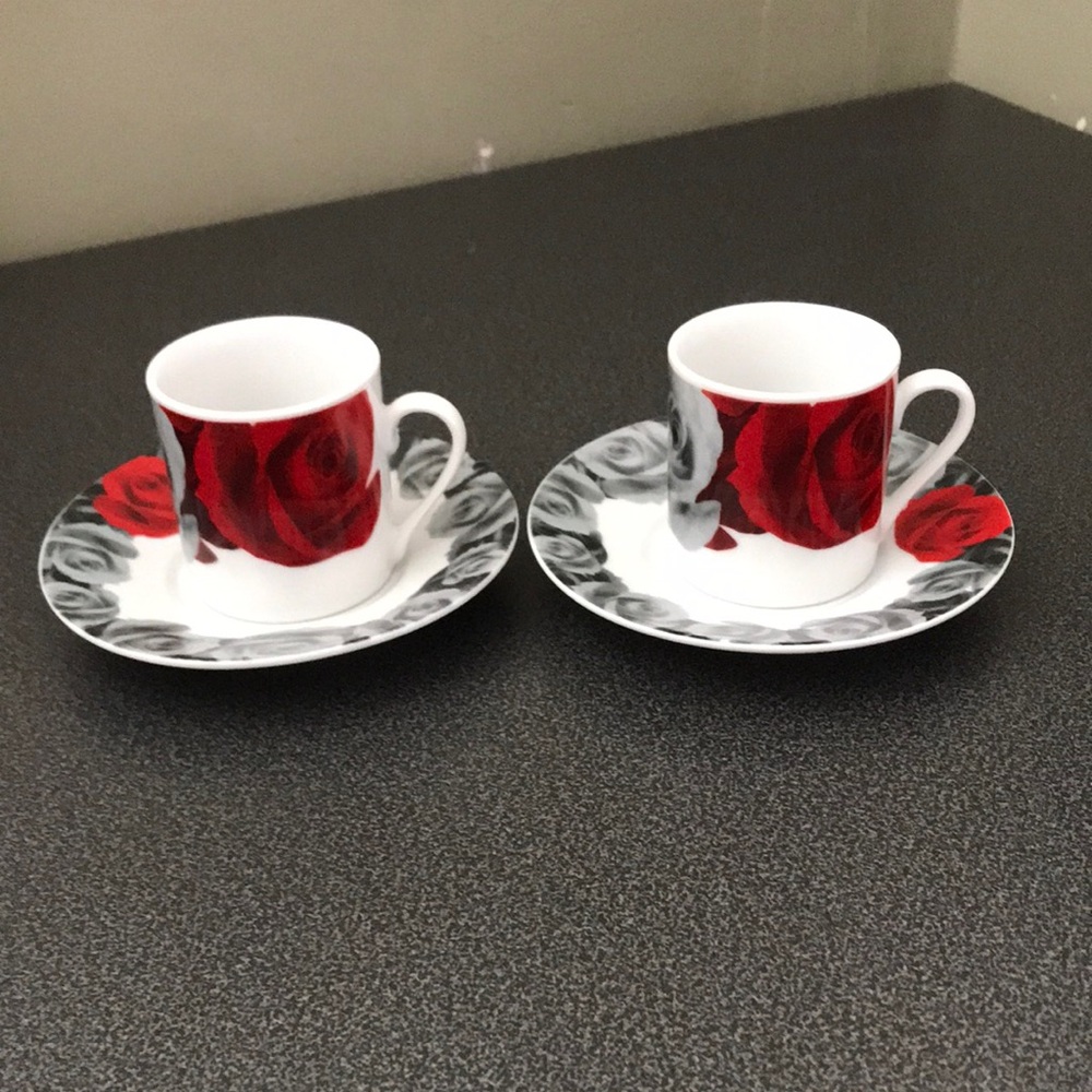 Demitasse Espresso cups & saucers, Set of 2, Red and Grey Roses